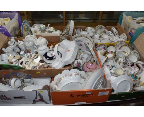 SIX BOXES OF MIXED CERAMICS to include a large quantity of mixed vintage teacups and saucers to include Aynsley, Cauldon, a q