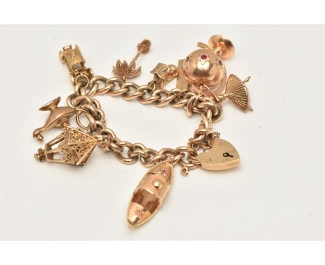 A 9CT GOLD CHARM BRACELET, curb link bracelet fitted with a heart padlock clasp with additional safety chain, hallmarked 9ct 