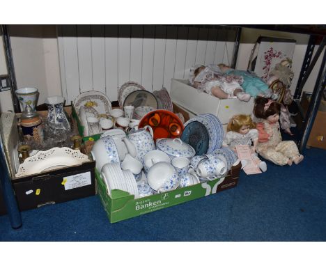 THREE BOXES AND LOOSE CERAMICS, GLASS, METALWARE AND COLLECTORS DOLLS, to include a Poole Pottery 'Delphis' bowl, diameter 26