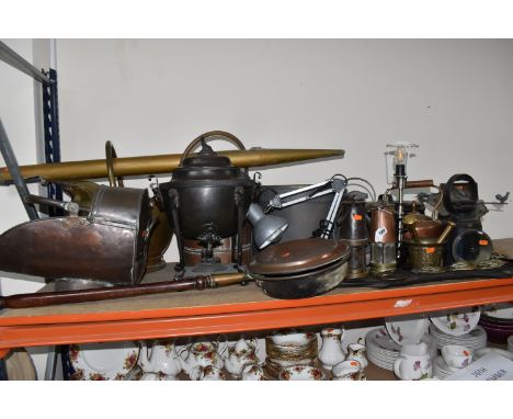 A LARGE QUANTITY OF COPPER AND METALWARE, comprising two miner's lamps, a Davis 571, a copper and brass Prima lamp, a bronzed