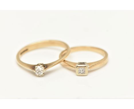 TWO 9CT GOLD DIAMOND SINGLE STONE RINGS, the first set with a princess cut diamond, collet set to the pinched shoulders and p