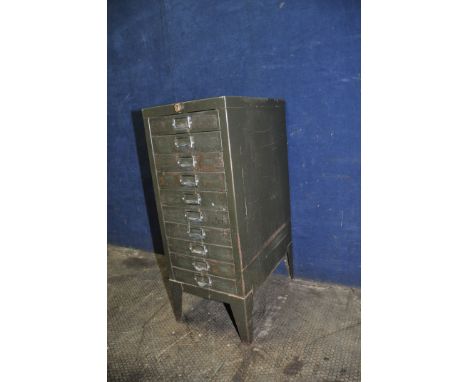 A VINTAGE METAL FILE UNIT with 10 Foolscap drawers, width 29cm, depth 42cm, height 73cm Condition Report: lock drilled out, s