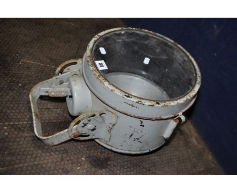 A VINTAGE ROUND METAL SPOT LIGHT, 12in in diameter, with mounting bracket Condition Report: overpainted in grey, some paint l