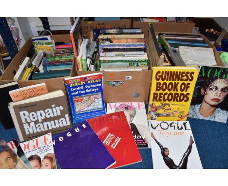 FIVE BOXES OF BOOKS to include a group of vintage Vogue magazines to include issues from 1952, the 1970s, and 1990s, local hi