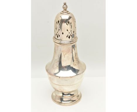 A MID 20TH CENTURY SILVER SUGAR CASTER, polished form with pierced cover, on a round base, hallmarked 'Ernest W Haywood' Birm