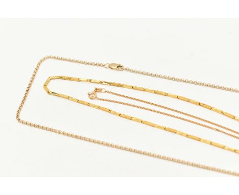THREE CHAINS, to include a 9ct gold belcher chain fitted with a lobster clasp, hallmarked 9ct Sheffield, length 500mm, a 9ct 