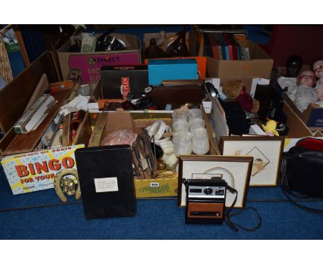 FOUR BOXES AND LOOSE MISCELLANEOUS ITEMS, to include a large palm leaf fan, an embroidery frame, a box of home brewing equipm