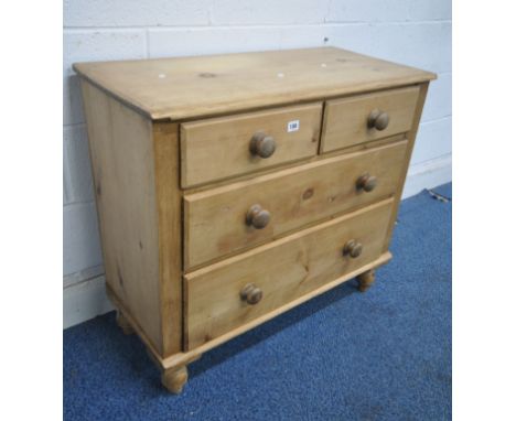 A PINE CHEST OF TWO OVER TWO DRAWERS, on turned feet, width 88cm x depth 44cm x height 79cm, a galvanised trunk, and metal ba