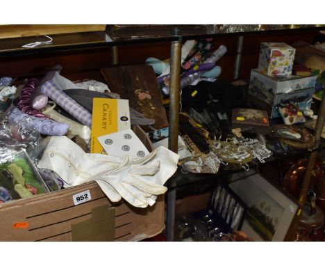 A LARGE QUANTITY OF VINTAGE ITEMS to include a box of embroidery supplies and samples to include a lace collar, a box of thre
