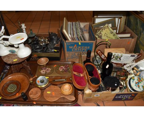 FOUR BOXES AND LOOSE MISCELLANEOUS ITEMS to include a set of Thornton 'Viking' scales, a wooden tray, a hanging board with vi