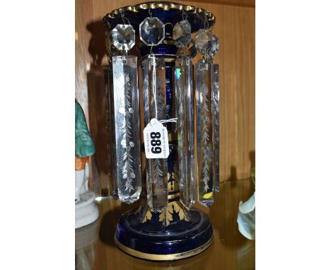 A 19TH CENTURY BOHEMIAN CANDLE LUSTRE, the cobalt blue glass body with gilt decoration, approximate height 28cm, Condition Re