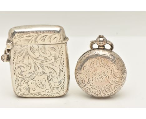 A SILVER SOVEREIGN HOLDER AND A VESTA CASE, the sovereign case of a circular form, decorated with a foliate pattern and engra
