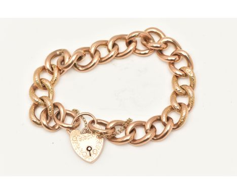 A ROSE GOLD CURB LINK BRACELET, alternating textured and polished hollow curb links, each stamped 9ct, fitted with a floral d
