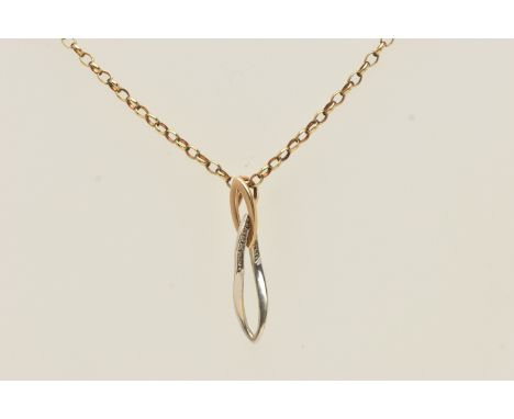 A 9CT GOLD PENDANT WITH CHAIN, the pendant of a bi-colour interlocking drop design set with single cut diamond accents, hallm