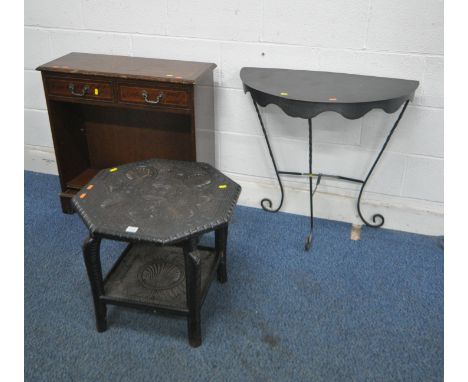 AN EBONISED CARVED OAK OCTAGONAL TWO TIER TABLE, 55cm x 49cm, a metal half moon table, on a folding metal stand, and a mahoga