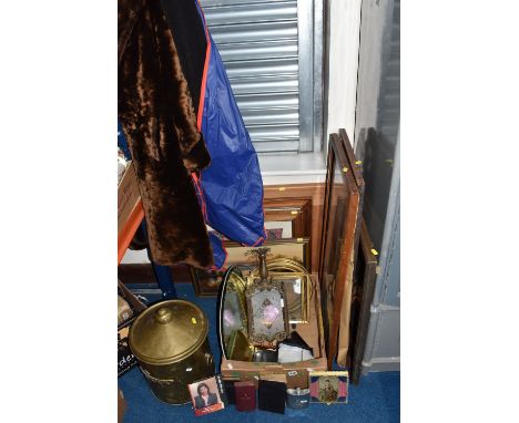 ONE BOX AND LOOSE MISCELLANEOUS ITEMS to include a faux fur ladies' coat, a wool winter coat, seven framed pictures of assort