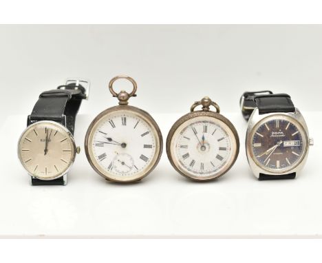 TWO GENTS WRISTWATCHES AND TWO OPEN FACE POCKET WATCHES, to include a gents 'Bulova Ambassador' automatic watch, round worn b