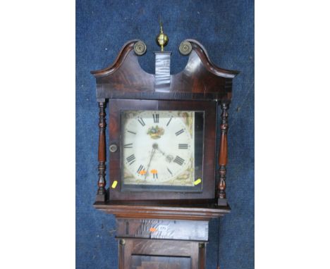 A GEORGIAN OAK 30 HOUR LONGCASE CLOCK, the hood with a swan neck pediment and brass finial, the square glass door is enclosin