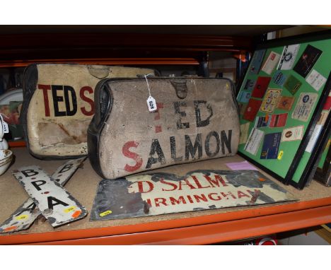 A GROUP OF VINTAGE ADVERTISING ITEMS, comprising two vintage bags marked 'Ted Salmon', the remains of a 'Ted Salmon, Birmingh