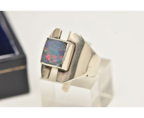 A SILVER GEM SET RING, a silver modernist design ring, collet set with an opal doublet, hallmarked 'Sidney Beddall' Sheffield