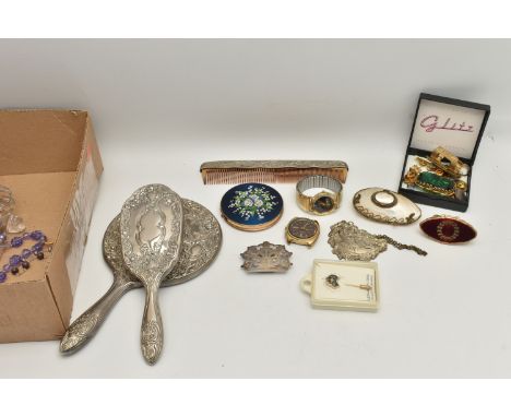 A SMALL BOX OF ASSORTED ITEMS, to include one half of a silver nurses belt, hallmarked 'G E Walton &amp; Co Ltd' Birmingham, 