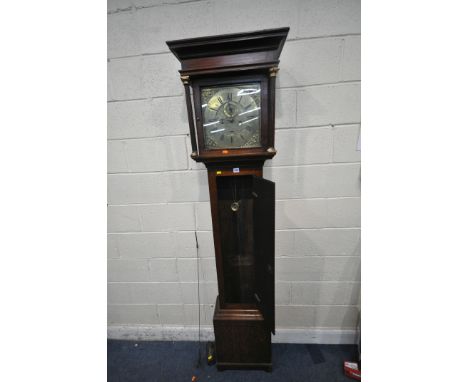 A GEORGIAN OAK 30 HOUR LONGCASE CLOCK, the square glass door enclosing an 11 inch brass dial, depicting Roman numerals, signe