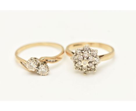 TWO 9CT GOLD DIAMOND SET RINGS, the first a cross over ring, set with two illusion set round brilliant cut diamonds, flanked 