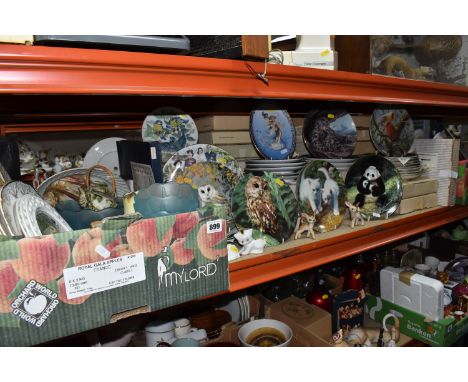A LARGE QUANTITY OF COLLECTORS PLATES AND TWO BOXES OF ORNAMENTS AND TEAWARES to include ten Knowles 'Encyclopaedia Britannic