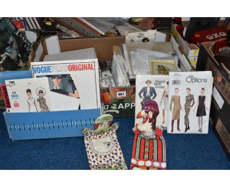 TWO BOXES OF VINTAGE SEWING PATTERNS, SUPPLIES, AND SAMPLES to include 'The Vogue Sewing Book' in its slipcase, a large quant