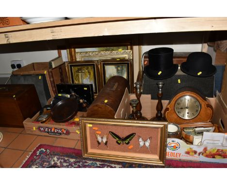 THREE BOXES AND LOOSE MISCELLANEOUS, to include a framed silk embroidered oriental picture of a bird and flowers, framed taxi