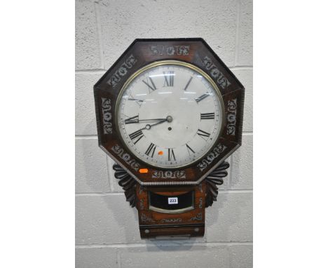 A 19TH CENTURY ROSEWOOD DROP DIAL WALL CLOCK, with a single fusee movement, the octagonal face with a convex circular glass d