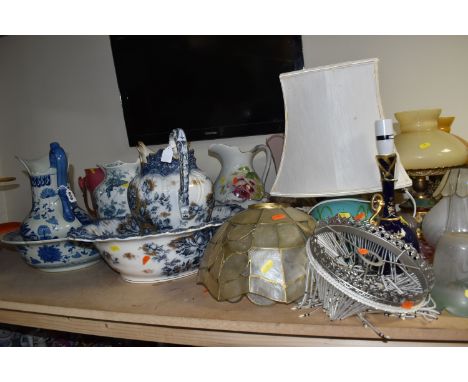 A SELECTION OF LARGE CERAMICS AND LAMPS/SHADES, to include pitcher and basin set Late Mayers K &amp; Co 'Rose' (crazed on bot