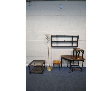 A SELECTION OF OCCASIONAL FURNITURE, to include a barley twist oak table, a corner table, a small table with a leather top, a