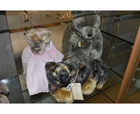 TWO COLLECTORS TEDDY BEARS AND A DOG, comprising a Gund grey mohair teddy bear, height 58cm, a Janet Clark 'Teddystyle' teddy