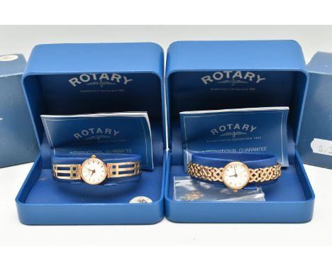 TWO 9CT GOLD LADIES ROTARY WRISTWATCHES, the first a quartz movement, round white dial signed 'Rotary', baton markers, yellow