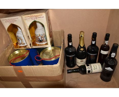 WHISKY, PORT &amp; CHAMPAGNE comprising 6 x BELL'S Commemorative Wade Porcelain Decanters, the 60th Birthday of Her Majesty Q