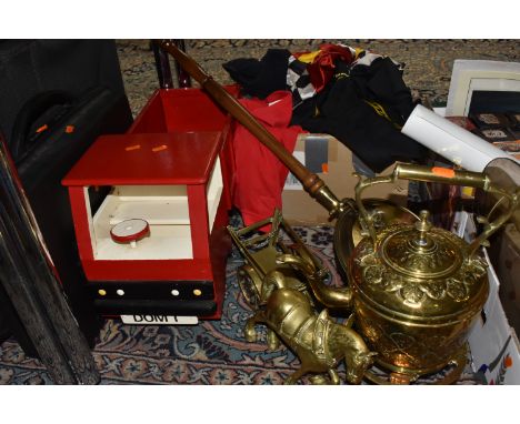 ONE BOX AND LOOSE MISCELLANEOUS ITEMS, to include a Antler suitcase, large toy wooden truck, brass bed pan, kettle on a stand