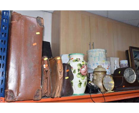 A GROUP OF LARGE VINTAGE ITEMS comprising three brown leather satchels, three vintage suitcases, a set of three hat boxes, a 