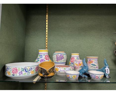 A GROUP OF POOLE POTTERY, to include a 1970s asymmetric bowl with stylised leaf pattern, five Traditional ware vases, includi