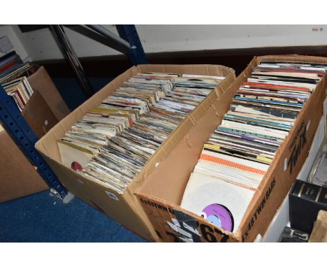 TWO BOXES OF 45 R.P.M SINGLES, to include mixed genre, pop, rock, 60s, 70s, and 80s, etc artist include ZZ Top, Jimi Hendrix,