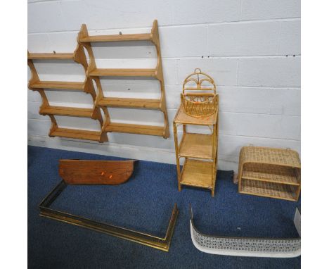 A PAIR OF PINE FOUR TIER WALL HANGING PLATE RACKS, a three tier wicker what-not, two wall hanging baskets, a wall shelf, and 