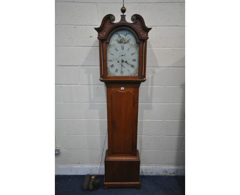 A GEORGIAN STYLE OAK EIGHT DAY LONGCASE CLOCK, the hood with a swan neck pediment with brass finial and blind fretwork, the g