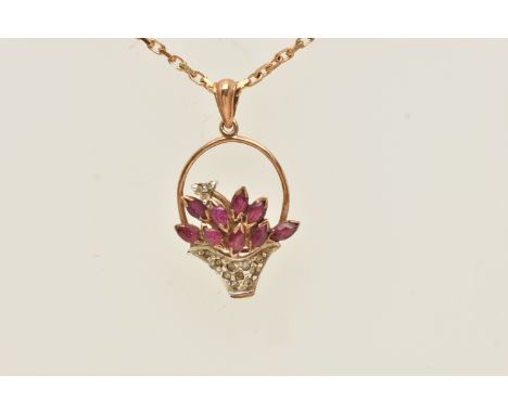 A 9CT GOLD GEM SET PENDANT NECKLACE, the pendant in the form of a flower basket set with marquise cut rubies and single cut d