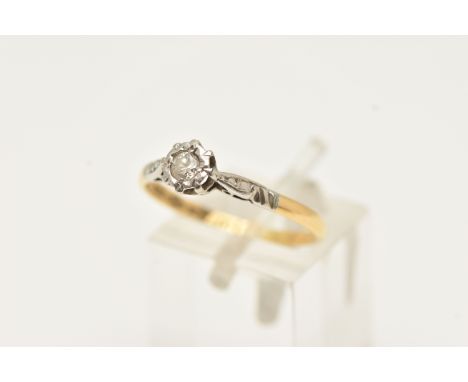 A YELLOW METAL SINGLE STONE DIAMOND RING, round brilliant cut diamond, estimated diamond weight 0.10ct, illusion set in a whi