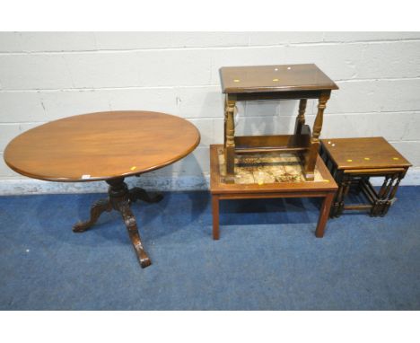 A 20TH CENTURY MAHOGANY TILT TOP TRIPOD TABLE, width 107cm x height 78cm x height 72cm, an oak magazine table, a nest of thre