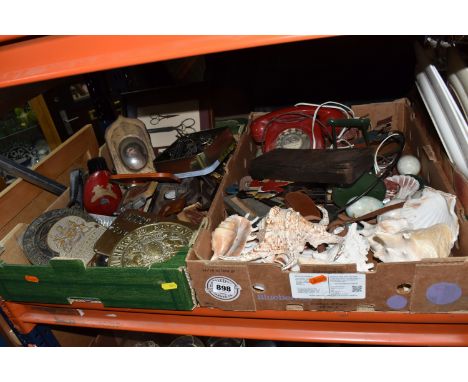 THREE BOXES OF MISCELLANEOUS ITEMS to include two vintage metal nursery rocking toys, seven onyx eggs, an assortment of vario