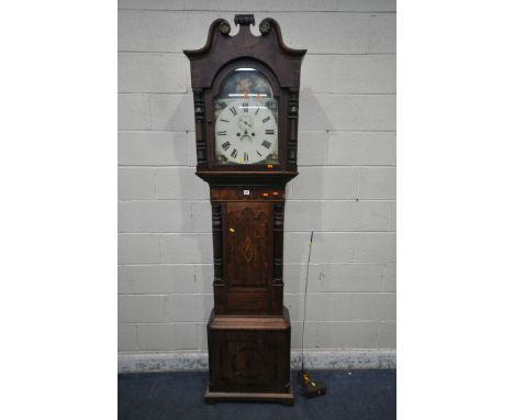 A GEORGIAN OAK, CROSSBANDED AND MARQUETRY INLAID, 8 DAY LONGCASE CLOCK, the swan neck pediment hood is enclosing a painted 13