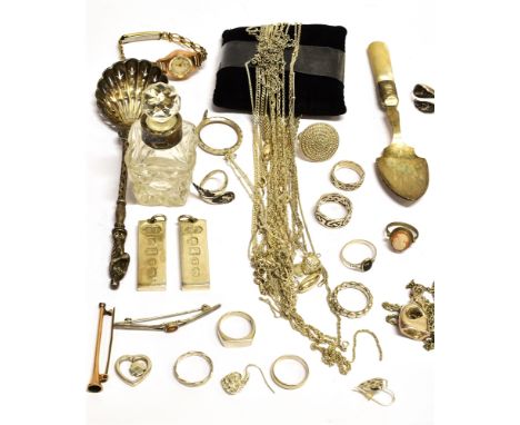 A COLLECTION OF SILVER AND WHITE METAL JEWELLERY AND OTHER ITEMS INCLUDING TWO SILVER INGOT PENDANTS comprising; the two silv