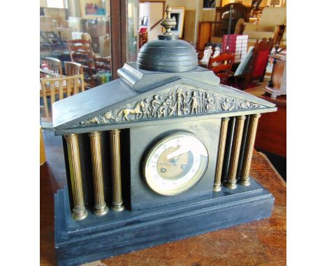 A LARGE VICTORIAN SLATE MANTLE CLOCK  with French 8-day movement, in gilt metal mounted architectural case, 41cm wide 14cm de