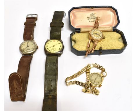 TWO LADY'S 9CT GOLD BRACELET WATCHES AND TWO GENTLEMAN'S SILVER WRIST WATCHES comprising; a lady's 9ct gold shaped-round brac